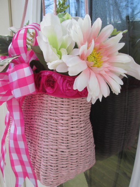 Straw Handbag Planter - faux flowers added with ribbon bow