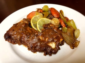 Almond Sauce Salmon with Citrus Veggies on plate