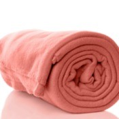 A pink fleece blanket rolled up.
