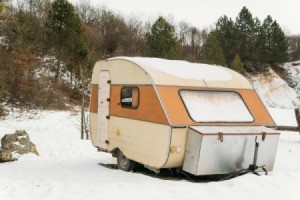 A camping trailer in the winter.