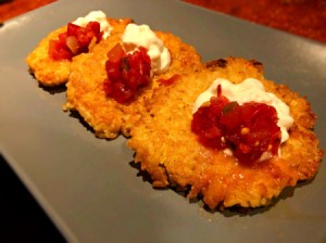 Rice Pancakes on plate with sour cream & salsa