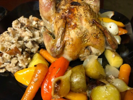 cooked Game Hens & veggies with Wild Rice