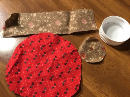 Bottlecap Pincushion - fabric pieces needed to cover cap and make cushion