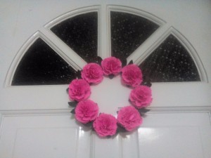 Paper Carnation Wreath - closeup of wreath on the front door