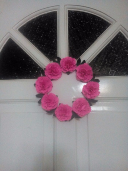 Paper Carnation Wreath - wreath on a front door