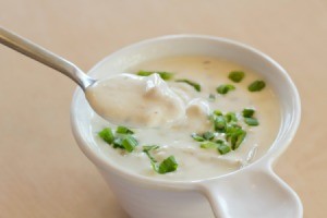 A small bowl of clam chowder.