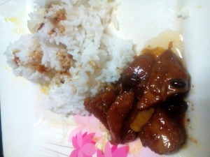 Pork Binaguongan with rice on plate