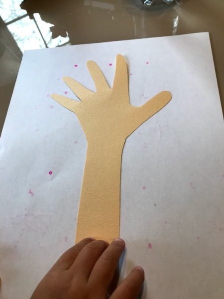 Handprint Giraffe Bookmark - cut out handprint extending down to the bottom of the paper as shown, for the neck