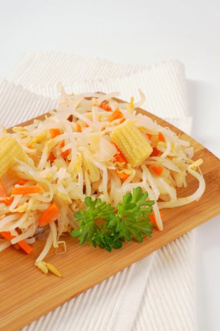 Pickled beansprouts with carrots and baby corn.