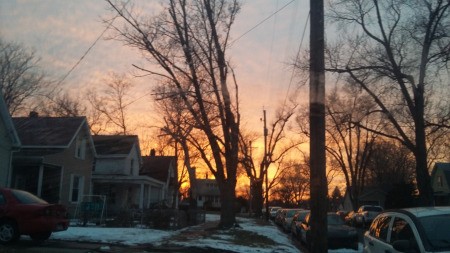 A street at sunset in Peoria, IL.