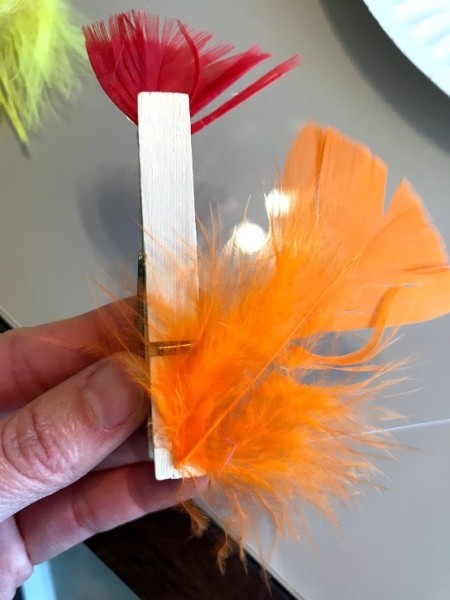 Clothespin Chicken Plant Decoration - adding additional feathers