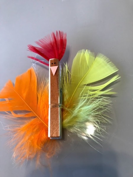 Clothespin Chicken Plant Decoration - front view with all feathers glued in place