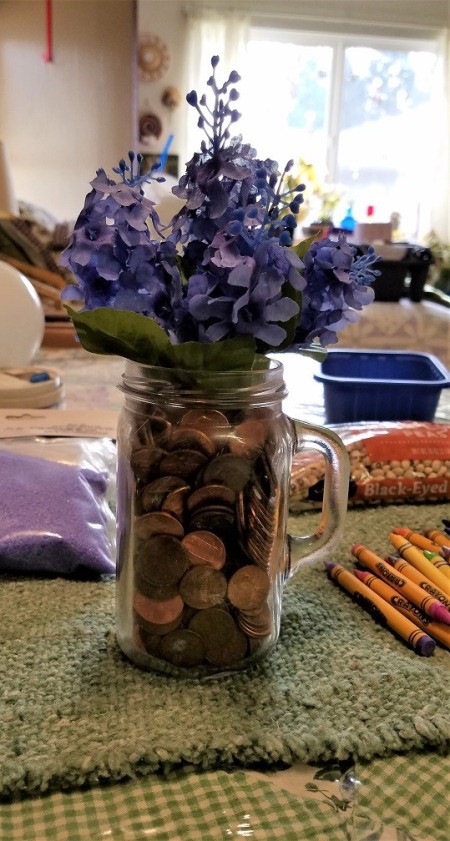Vase of Many Colors - pennies with purple flowers