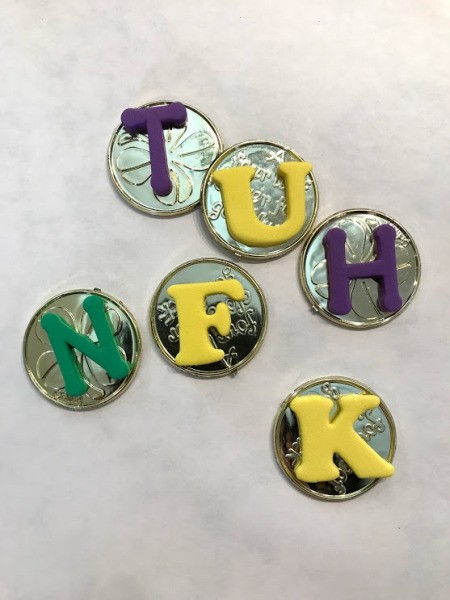 Rainbow Pot of Gold Activities - foam letters stuck to plastic coins