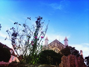 A beautiful church in the distance.