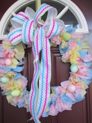 Vinyl Tablecloth Wreath - finished pastel wreath on door