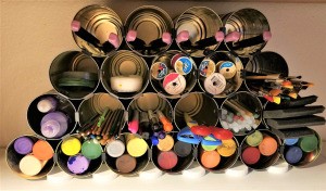 Tin Can Craft Supply Organizer - finished organizer with lids to tilt it back a bit