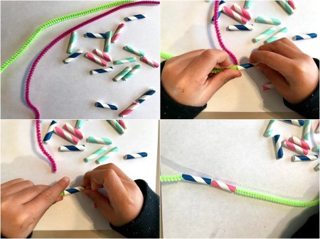 Making a Paper Drinking Straw
Snake - child threading straw pieces onto a pipe cleaner