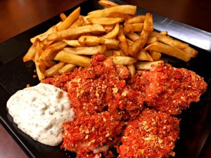 Crunchy Baked Fish, fries with Tartar Sauce on plate