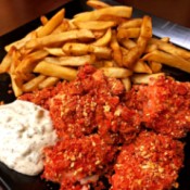 Crunchy Baked Fish, fries with Tartar Sauce on plate