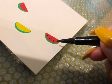 Making a Watermelon Card from Round Labels - use marker to add seeds