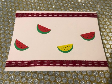 Making a Watermelon Card from Round Labels - glue ribbon on the top and bottom of the card face if desired