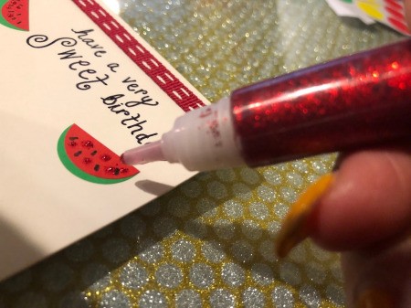 Making a Watermelon Card from Round Labels - add some glitter glue to make the slices sparkle