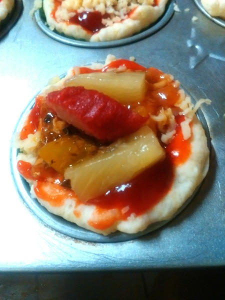 pineapple & hotdog pieces added to Cups