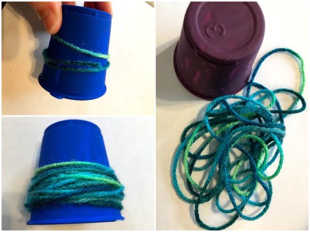 Plastic Cup Pet Bird - once paint is dry, tape a length of yarn onto the cup and wap