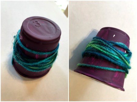 Plastic Cup Pet Bird - example of yarn wrapped cup