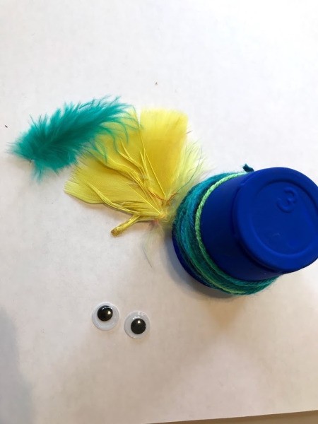 Plastic Cup Pet Bird - cup with feathers and eyes ready to attach