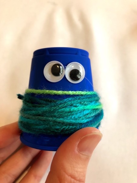 Plastic Cup Pet Bird - eyes added to blue cup