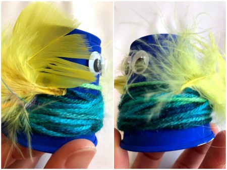 Plastic Cup Pet Bird - side view of blue bird with feathers attached