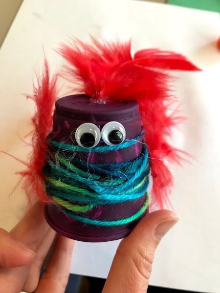 Plastic Cup Pet Bird - finished purple bird with red feathers and eyes