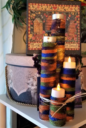 Four Tier Votive Candle Holder - finished candle holder with raffia tied around the center