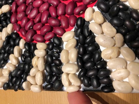 Making a Mural from Beans - check edges for gaps that need a bean added, add sealer once the glue is completely dry