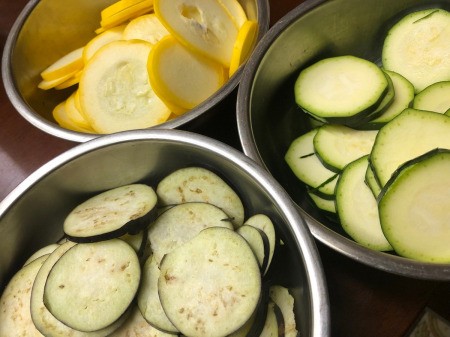 sliced egg plant, yellow squash & zucchini