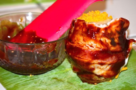 Sauce on outside of bacon wrapped Potatoes