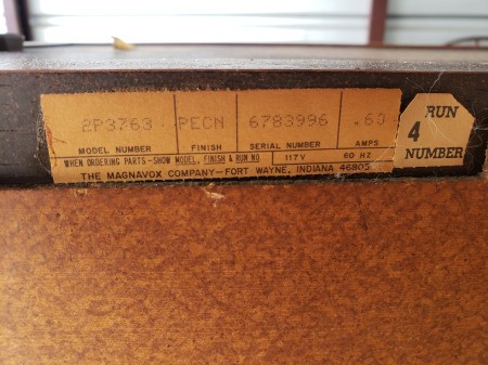The tag on a Magnavox stereo system.