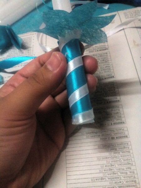 Christening Candles with Drip Catcher - wrap with a second color of ribbon if desired