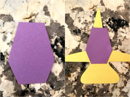 Making a Paper Jet  - cut out pieces of paper to replicate the various parts of the plane - purple hexagon