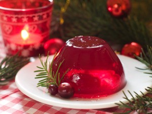 A clear gelatin made from cranberry juice