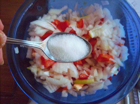 add sugar to peppers & onions