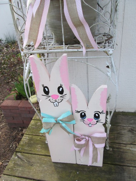 Wooden Bunnies - bunnies on deck of garden shed