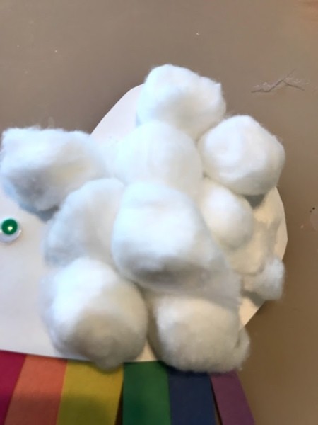 Making a Paper Plate Rainbow - add cotton balls for puffiness