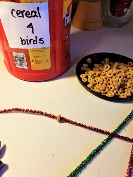 Cereal Treats for Backyard Birds - thread the cereal onto the chenille stems