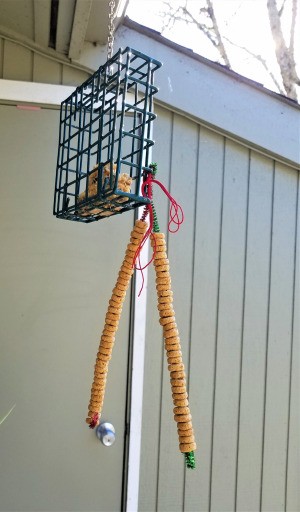 Cereal Treats for Backyard Birds - hanging from a suet feeder