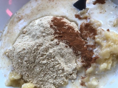 mixing baking mix cinnamon & bananas