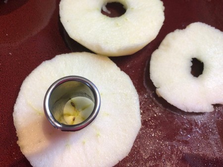 cutting core of apple slices with small tube