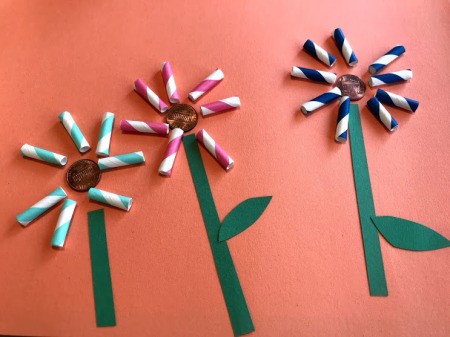 Straw Flowers on Paper - leaves added to the stems